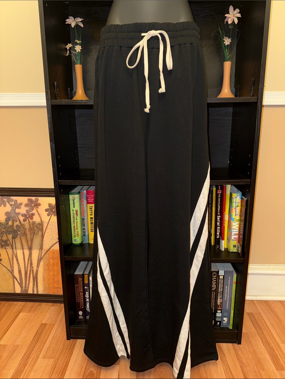 Black Wide-Leg Drawstring Pants with White Accent Panels